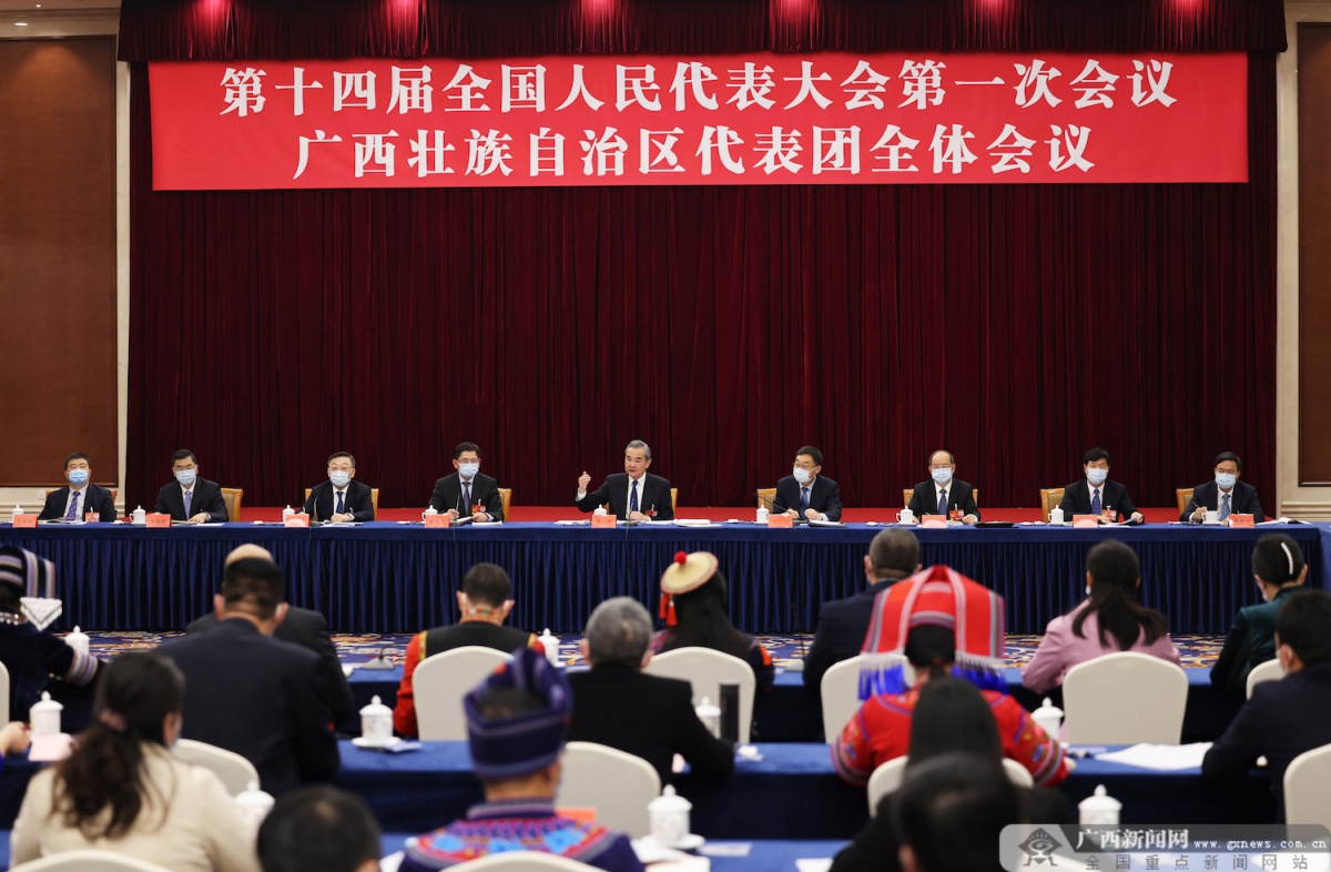 广西代表团审议政府工作报告 王毅刘宁蓝天立鹿心社刘小明等参加